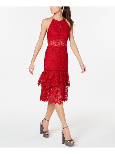 RACHEL ZOE Womens Red Ruffled Eyelet Sleeveless Halter Midi Cocktail Sheath Dress 2