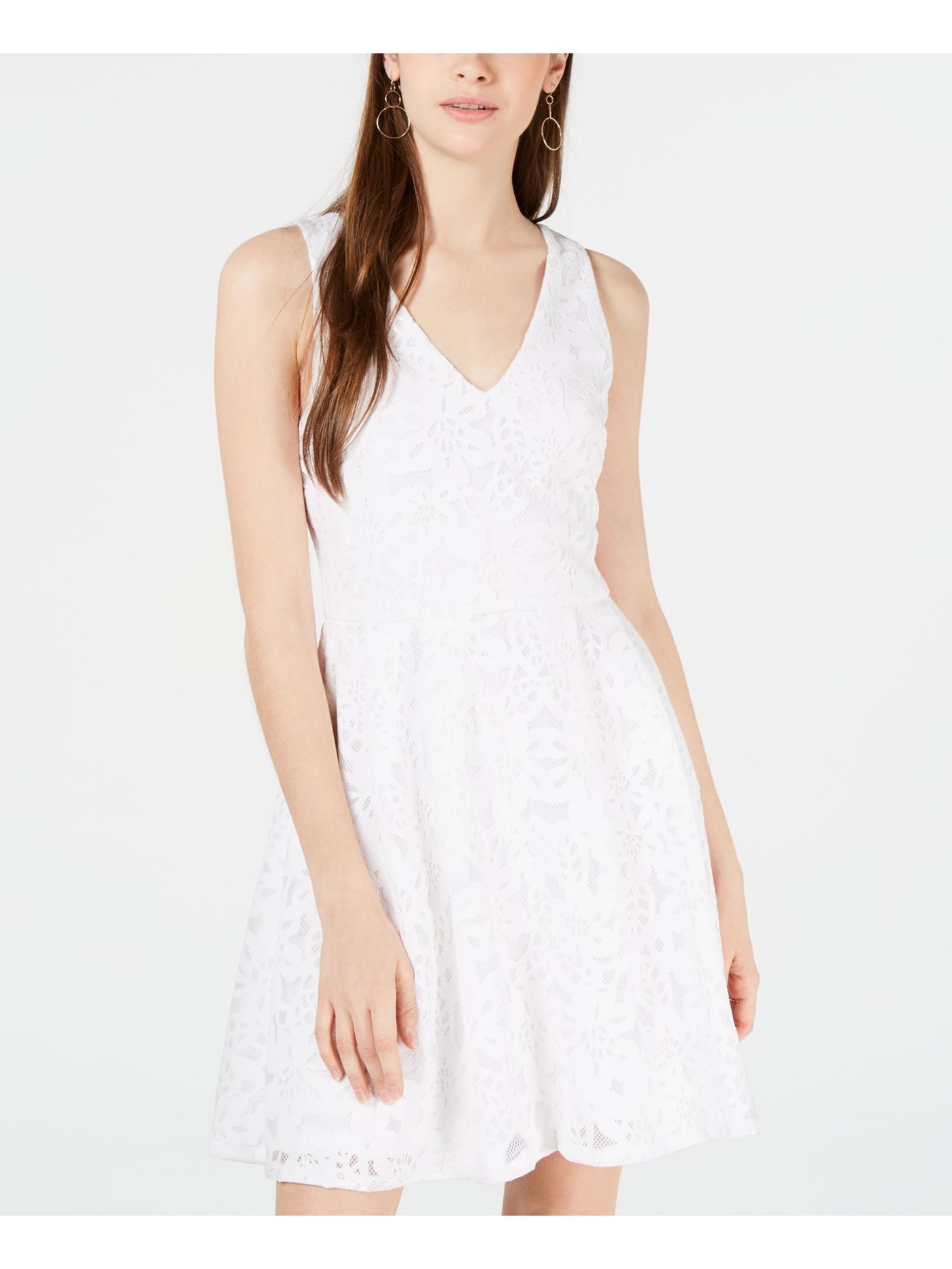 CRYSTAL DOLLS Womens White Lace Sleeveless V Neck Short Fit + Flare Dress Juniors 9