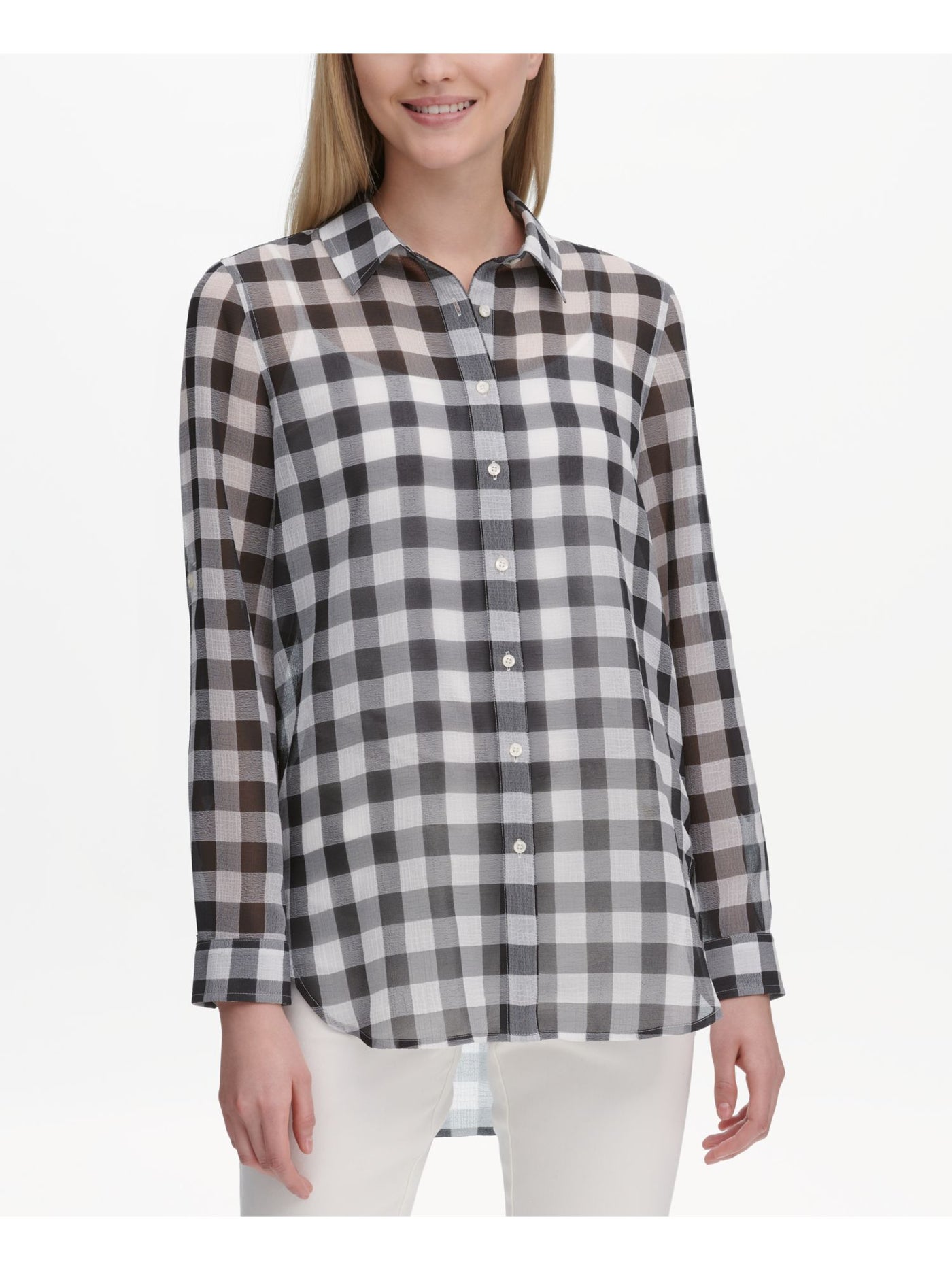 CALVIN KLEIN Womens Gray Gingham Roll-tab Sleeve Collared Button Up Top S