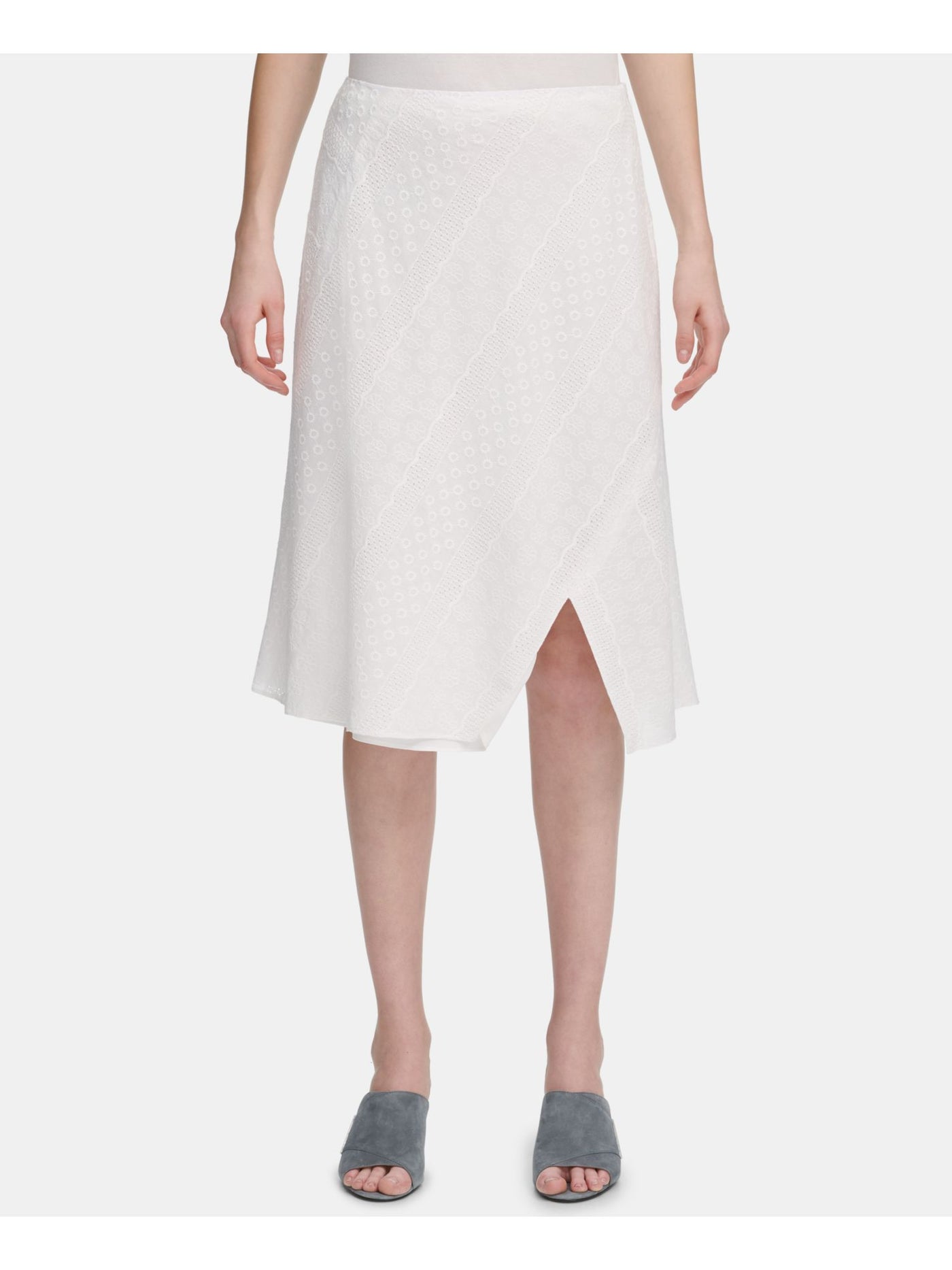 CALVIN KLEIN Womens White Eyelet Split Hem Below The Knee Wear To Work A-Line Skirt 6