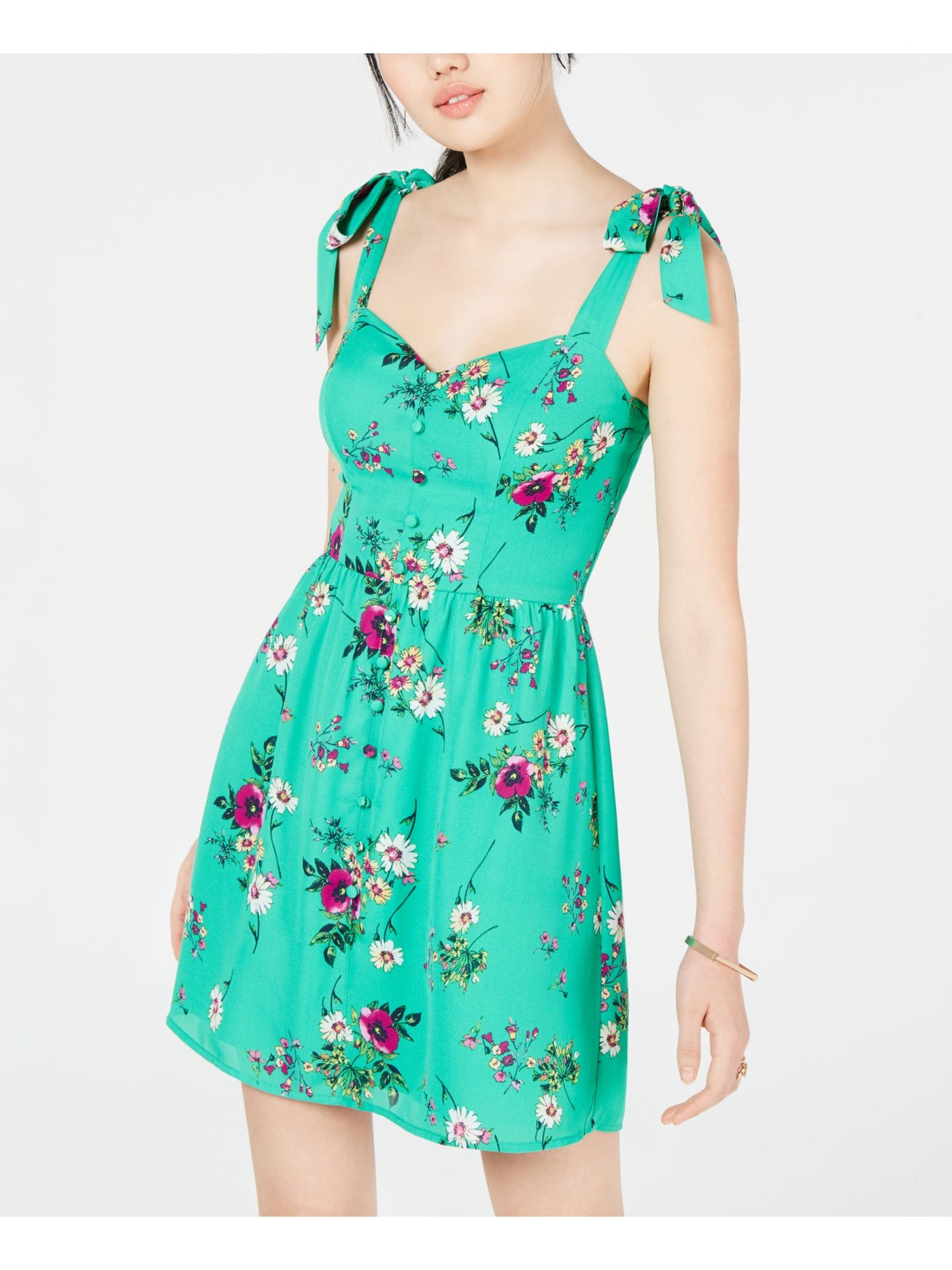 CITY STUDIO Womens Green Tie Shoulders Floral Sleeveless Sweetheart Neckline Mini Sheath Dress 9