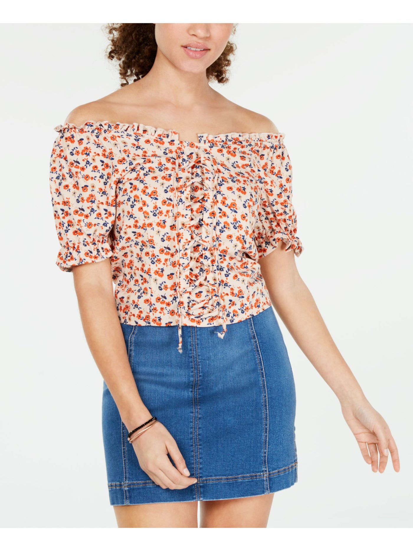 CRAVE FAME Womens Orange Floral Short Sleeve Off Shoulder Top Juniors S