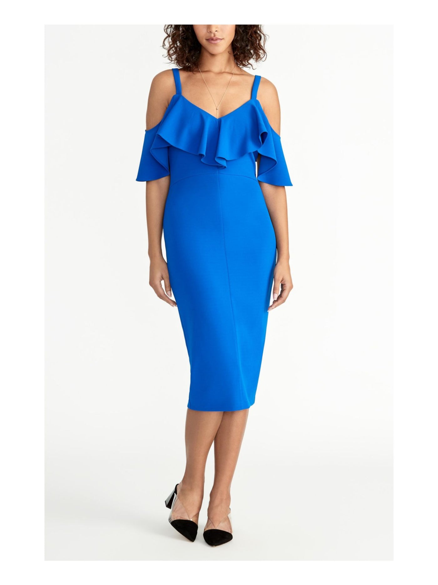 RACHEL RACHEL ROY Womens Blue Cold Shoulder Ruffled Short Sleeve V Neck Midi Evening Body Con Dress S