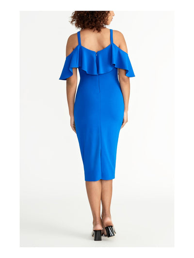RACHEL RACHEL ROY Womens Blue Slitted Zippered Lined Ruffled Flutter Sleeve Off Shoulder Midi Evening Sheath Dress M