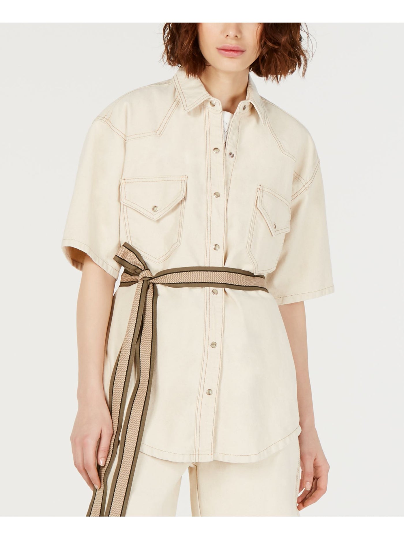 CURRENT AIR Womens Belted Short Sleeve Collared Button Up Top