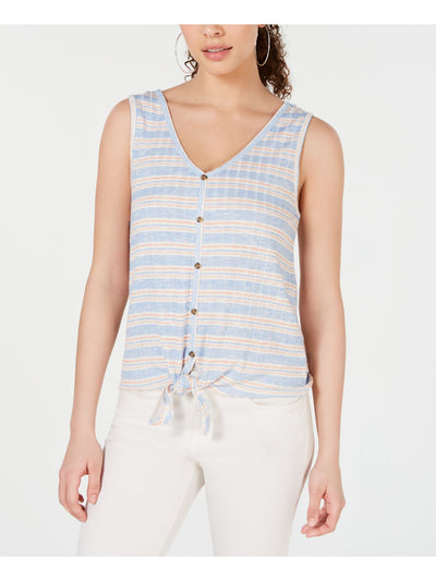 HIPPIE ROSE Womens Light Blue Striped Rib-knit Tie-front Sleeveless V Neck Tank Top XS