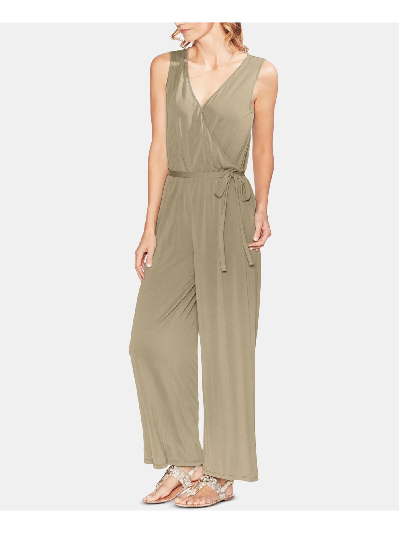 VINCE CAMUTO Womens Green Sleeveless V Neck Faux Wrap Jumpsuit XXS