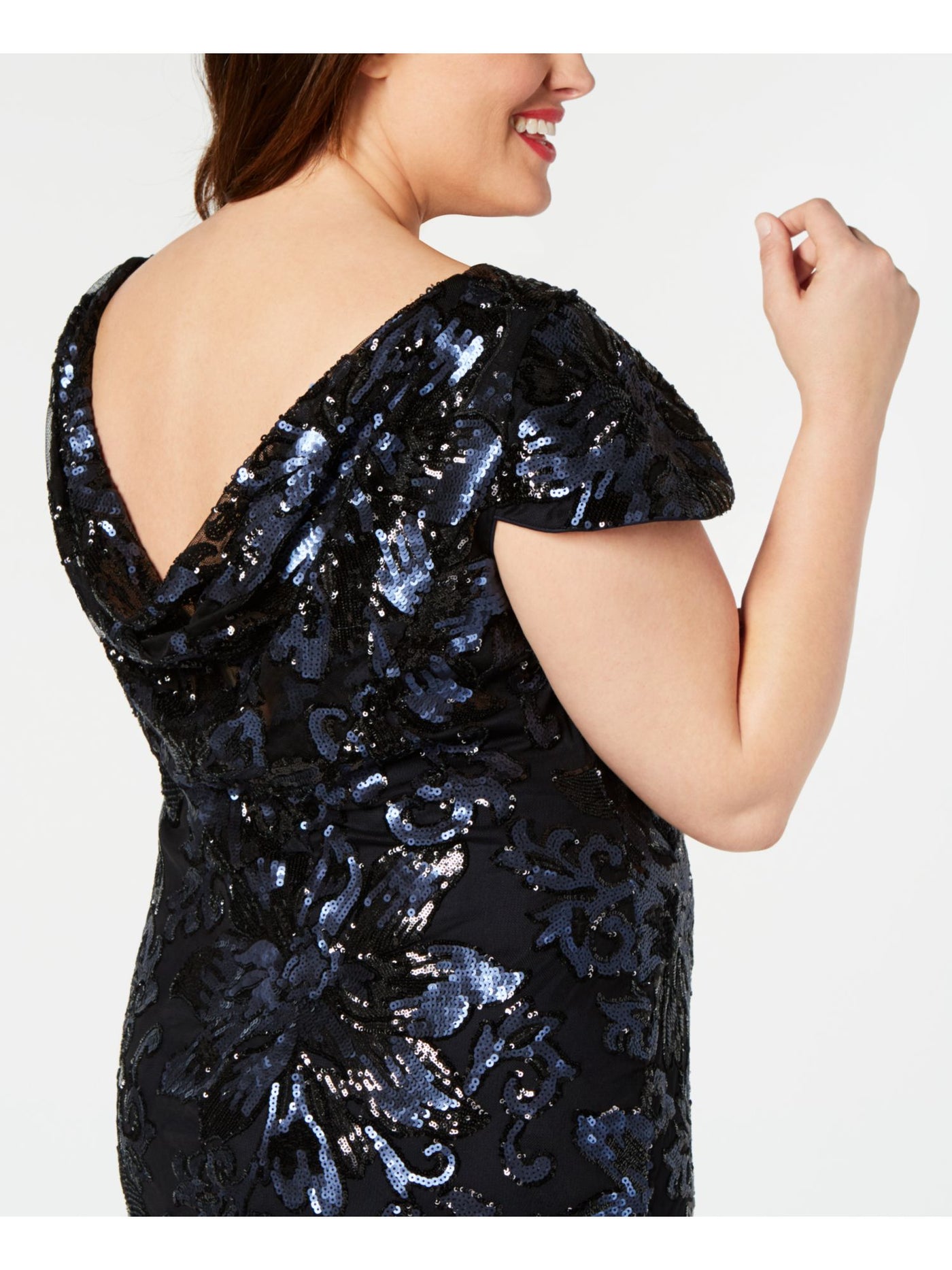CALVIN KLEIN Womens Navy Sequined Short Sleeve Jewel Neck Above The Knee Cocktail Sheath Dress Plus 14W