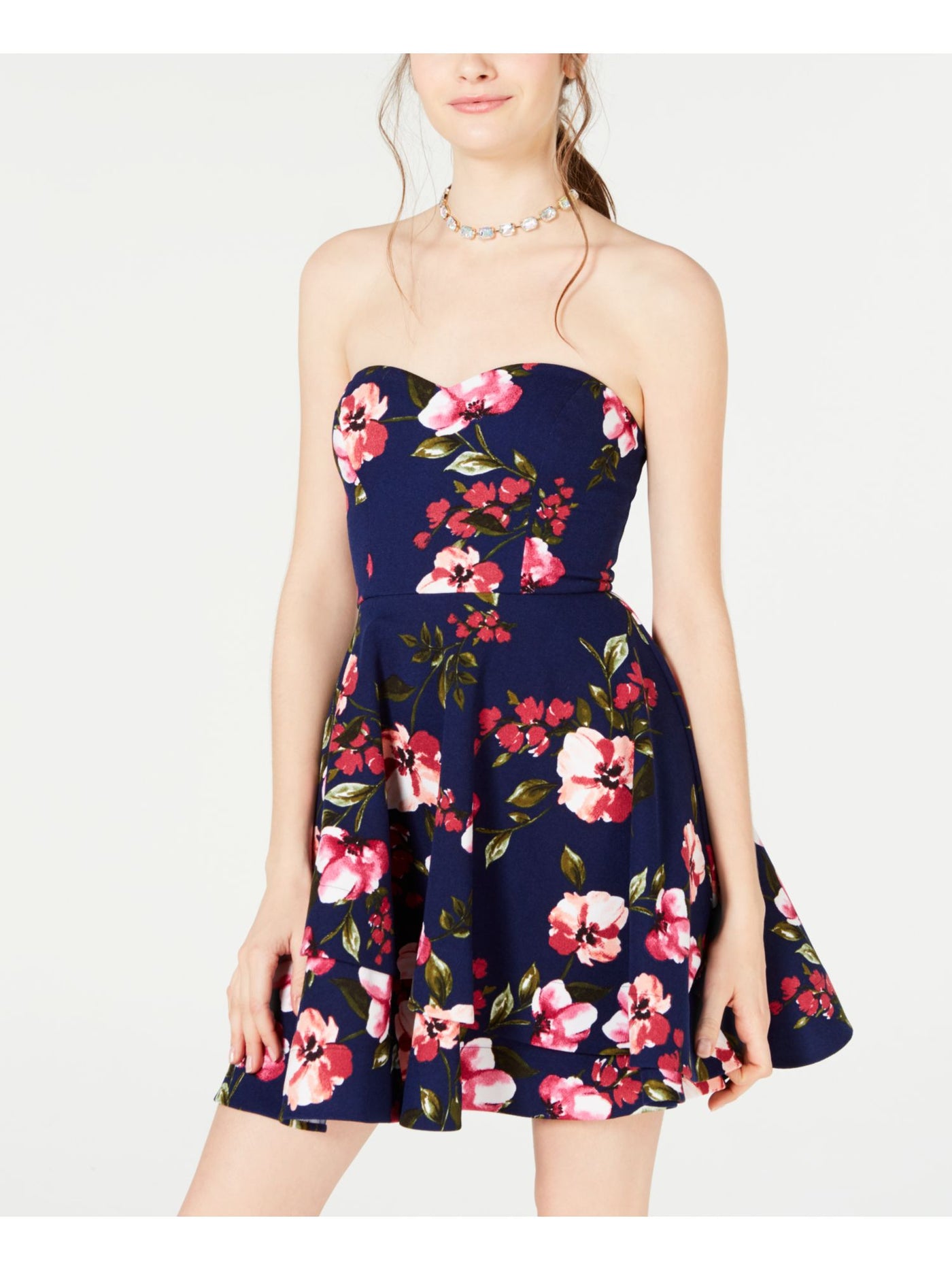B DARLIN Womens Navy Blush Floral Sleeveless Strapless Mini Party Fit + Flare Dress 5\6