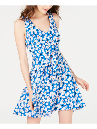 B DARLIN Womens Blue Belted Floral Sleeveless V Neck Mini Shift Dress Juniors 3\4