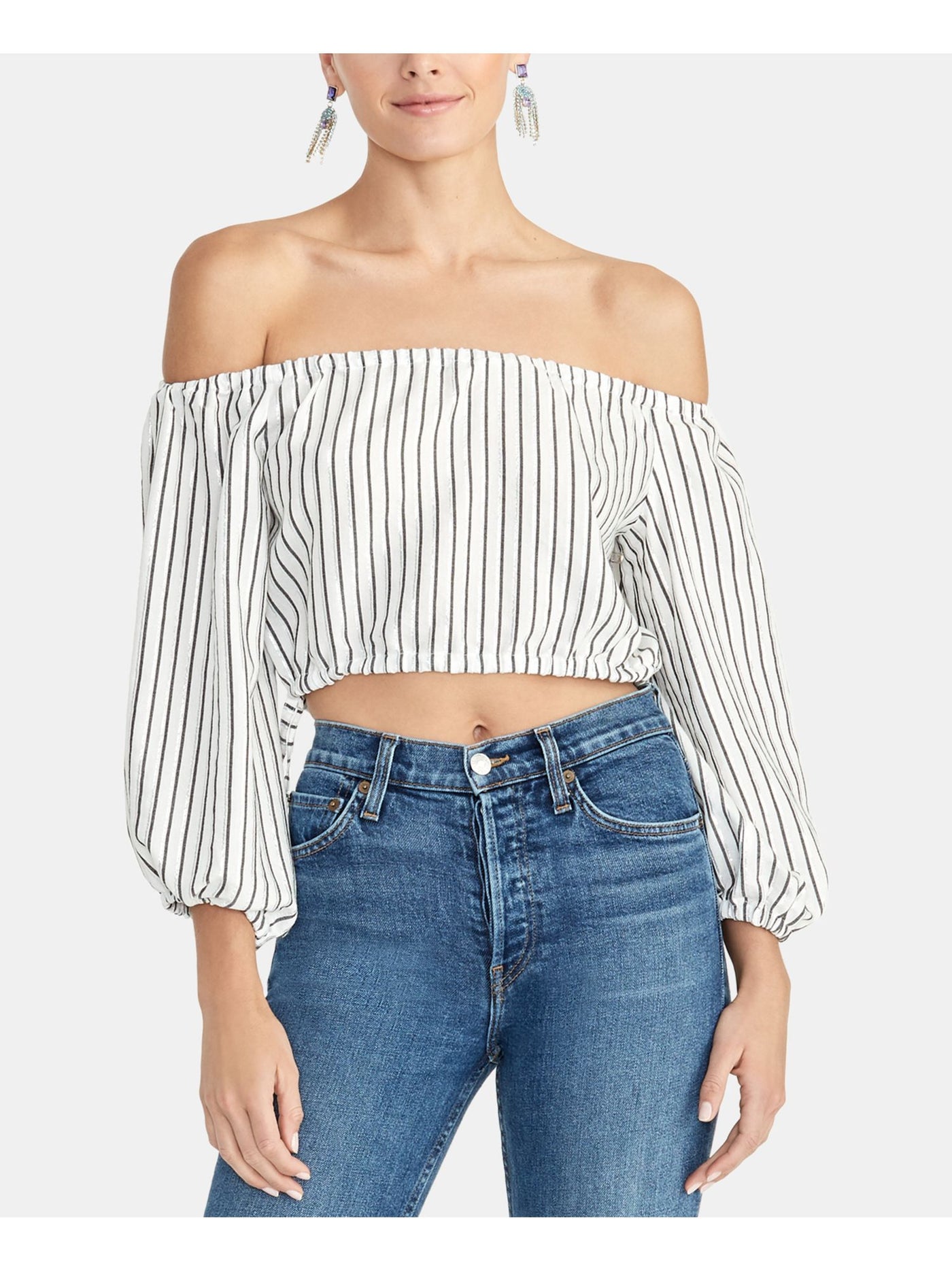 RACHEL ROY Womens White Pinstripe 3/4 Sleeve Strapless Crop Top Size: XL