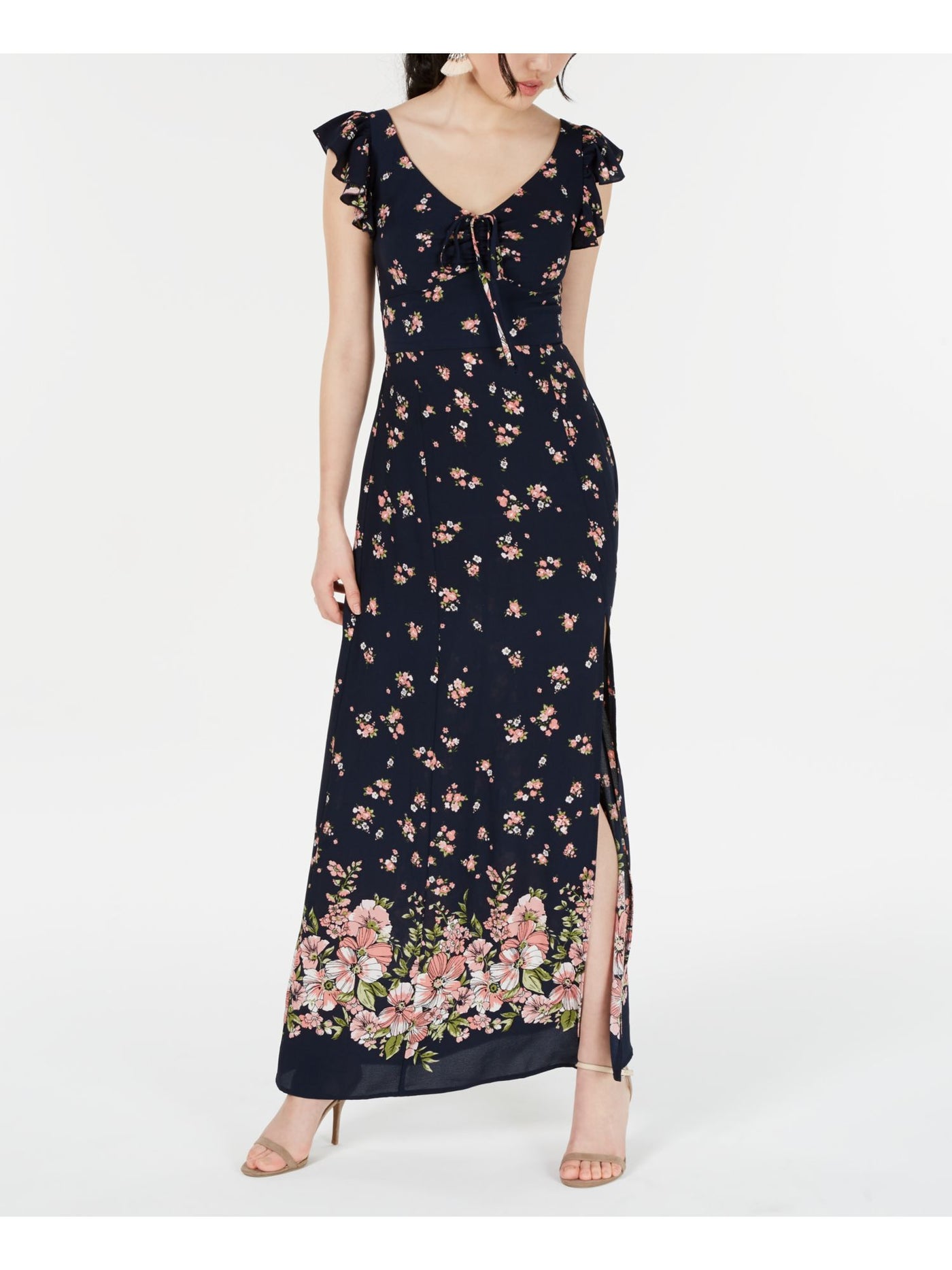 TEEZE ME Womens Navy Slitted Ruffled Bow Floral Cap Sleeve Maxi Dress 3