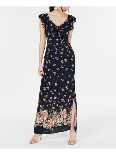 TEEZE ME Womens Navy Slitted Ruffled Bow Floral Cap Sleeve Maxi Dress 3