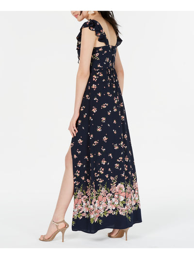 TEEZE ME Womens Navy Slitted Ruffled Bow Floral Cap Sleeve Maxi Dress 5