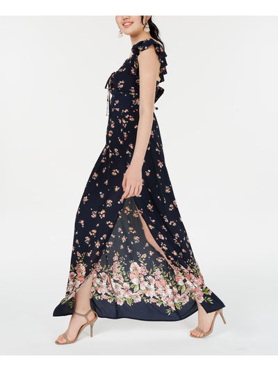TEEZE ME Womens Navy Slitted Ruffled Bow Floral Cap Sleeve Maxi Dress 1