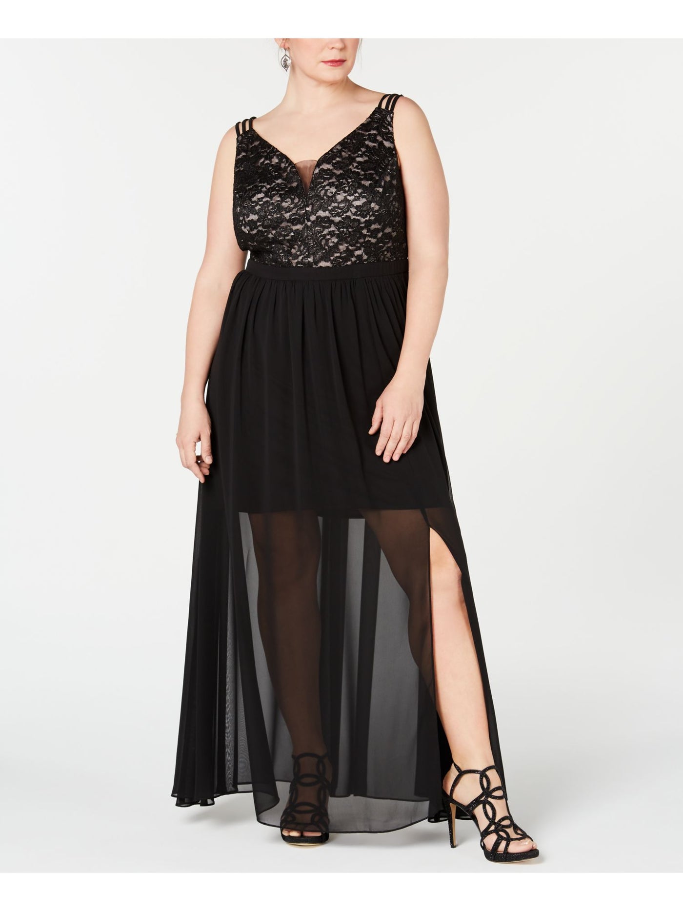 MORGAN & CO Womens Black Lace Chiffon Overlay Sleeveless V Neck Maxi Formal Dress Plus 18W