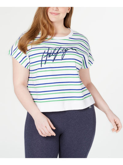 TOMMY HILFIGER Womens White Striped Cap Sleeve Crew Neck Top Plus 2X