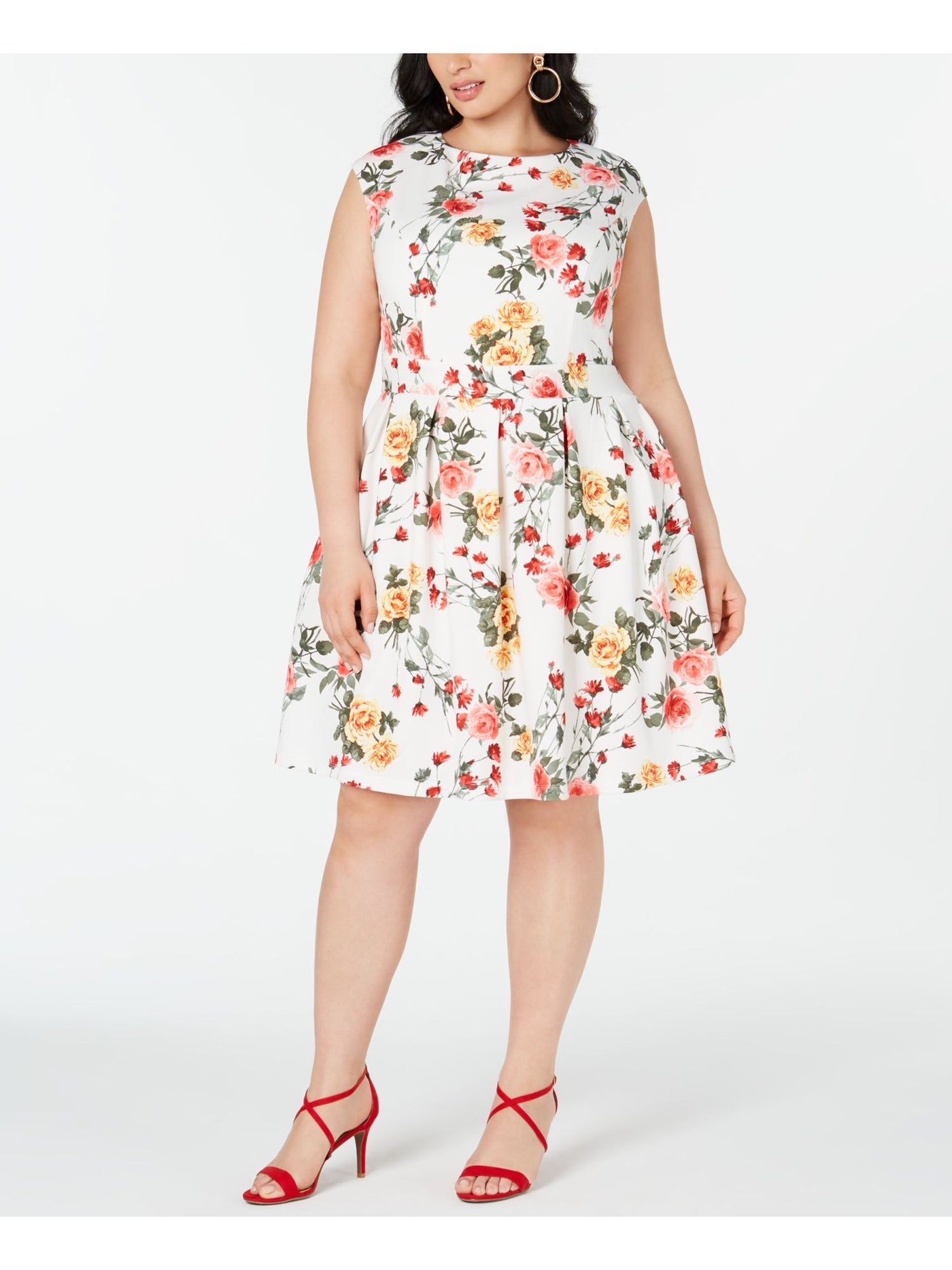 EMERALD SUNDAE Womens White Floral Cap Sleeve Crew Neck Knee Length Fit + Flare Dress 1X
