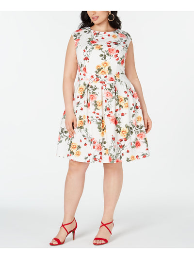 EMERALD SUNDAE Womens White Floral Cap Sleeve Crew Neck Knee Length Fit + Flare Dress 1X