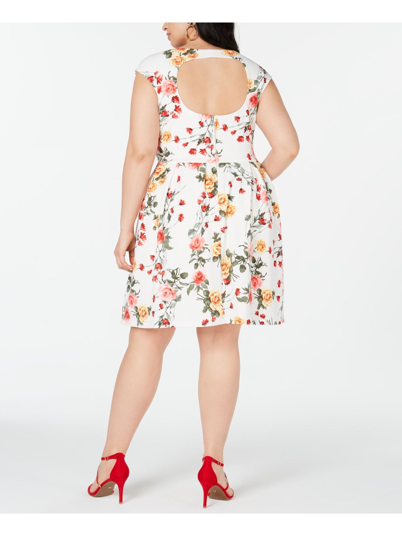 EMERALD SUNDAE Womens White Floral Cap Sleeve Crew Neck Knee Length Fit + Flare Dress 1X