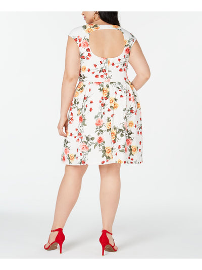 EMERALD SUNDAE Womens White Floral Cap Sleeve Crew Neck Knee Length Fit + Flare Dress 1X