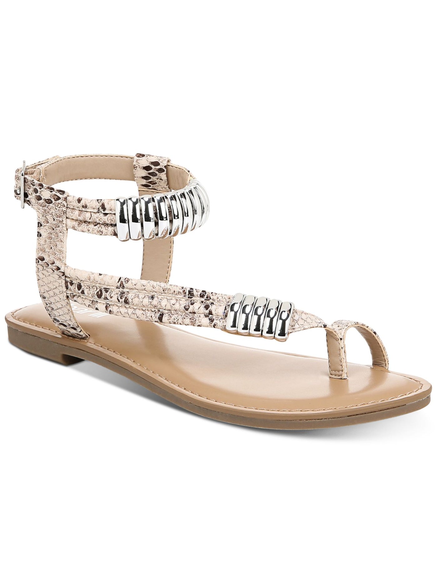 BAR III Womens Beige Snake Print Metallic Ring Details Toe Ring Ankle Strap Asymmetrical Vella Round Toe Buckle Dress Thong Sandals Shoes 6 M