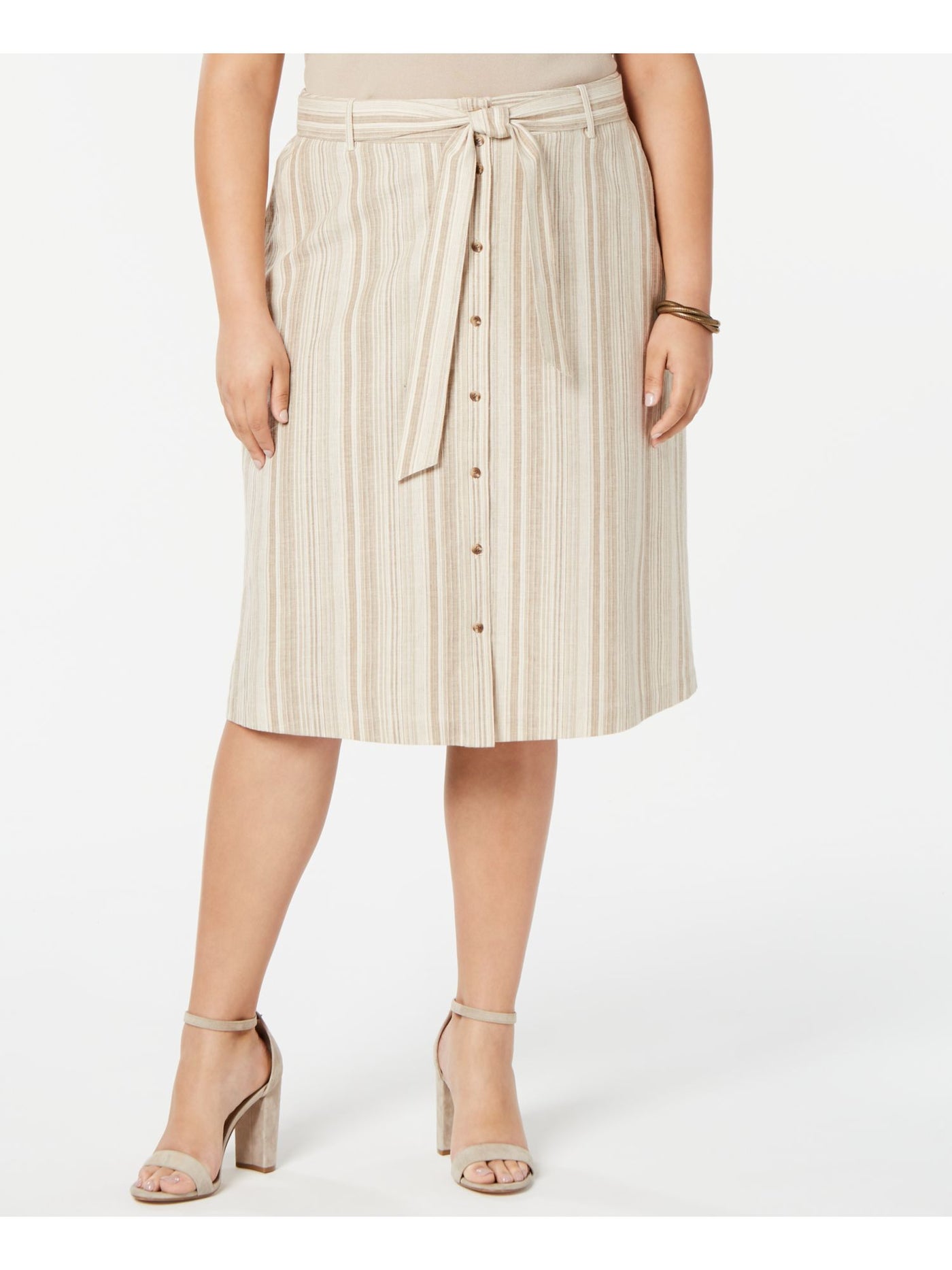 BAR III Womens Beige Belted Striped Midi A-Line Skirt 20W