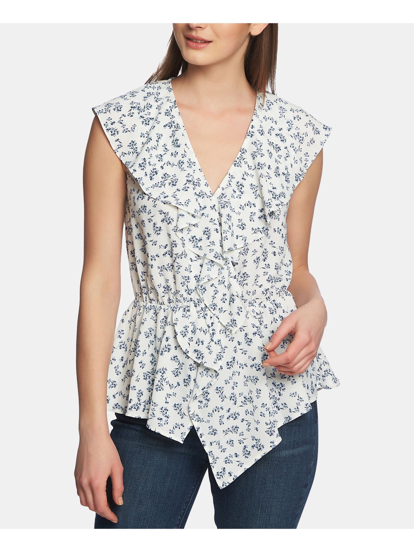1. STATE Womens Ruffled Flounce V Neck Top