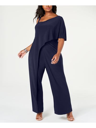 R&M RICHARDS Womens Stretch Zippered Draped Panel At Front Flutter Sleeve Asymmetrical Neckline Party Wide Leg Jumpsuit