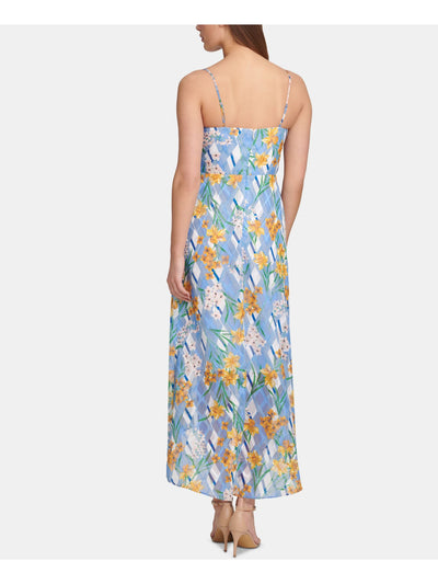 KENSIE Womens Light Blue Ruffled Printed Spaghetti Strap V Neck Tea-Length Hi-Lo Dress 2