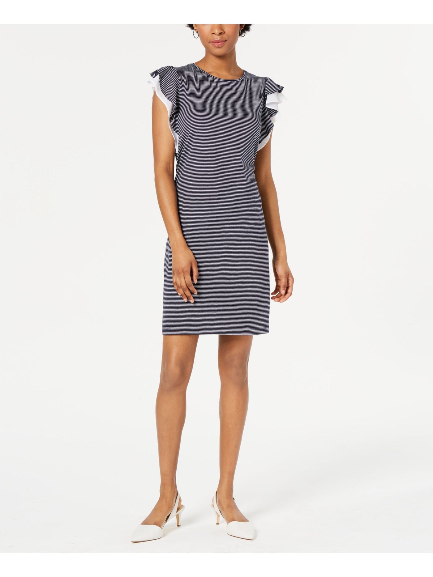 MAISON JULES Womens Navy Striped Jewel Neck Above The Knee Shift Dress XXS