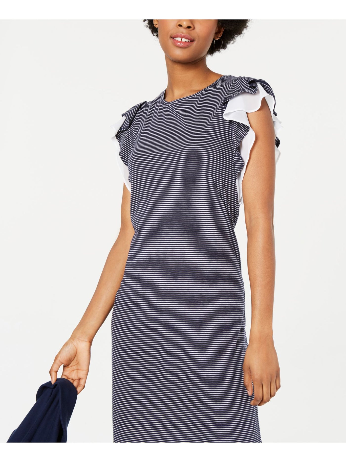 MAISON JULES Womens Navy Striped Jewel Neck Above The Knee Shift Dress S