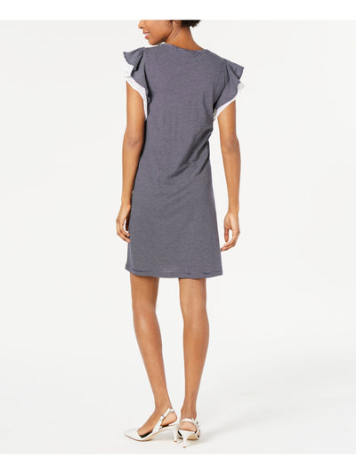 MAISON JULES Womens Navy Striped Jewel Neck Above The Knee Shift Dress XXS