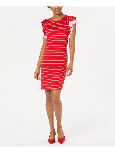 MAISON JULES Womens Red Ruffled Striped Short Sleeve Jewel Neck Above The Knee Shift Dress XXS