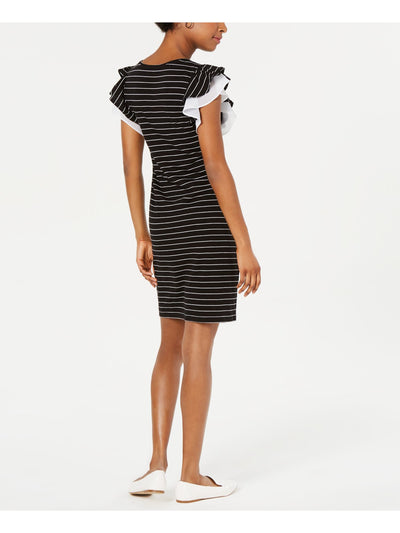 MAISON JULES Womens Black Ruffled Striped Short Sleeve Jewel Neck Above The Knee Shift Dress S
