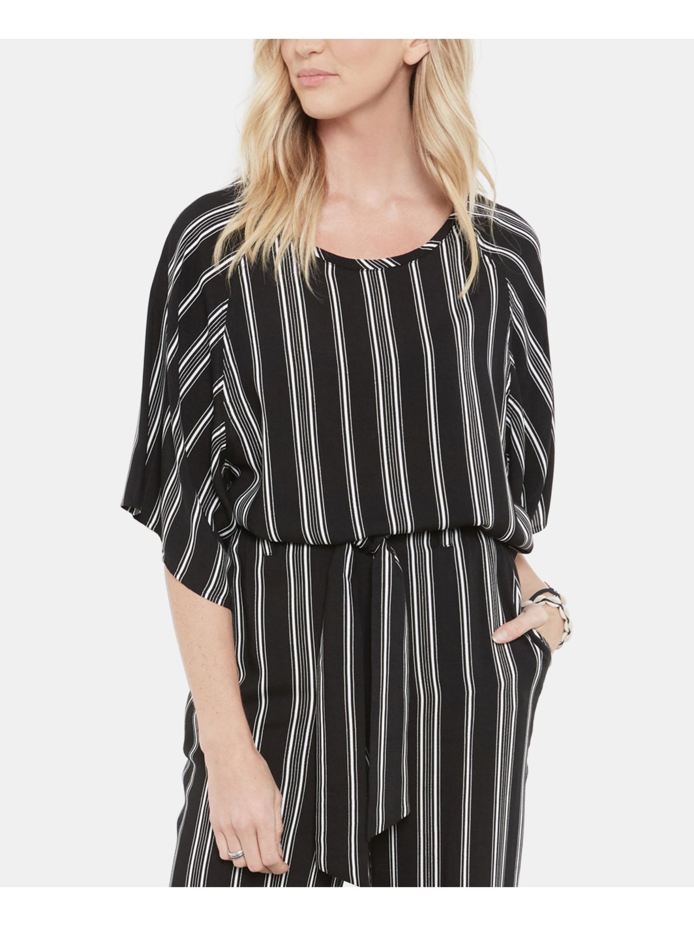 KAREN KANE Womens Black Striped Kimono Sleeve Jewel Neck Top S