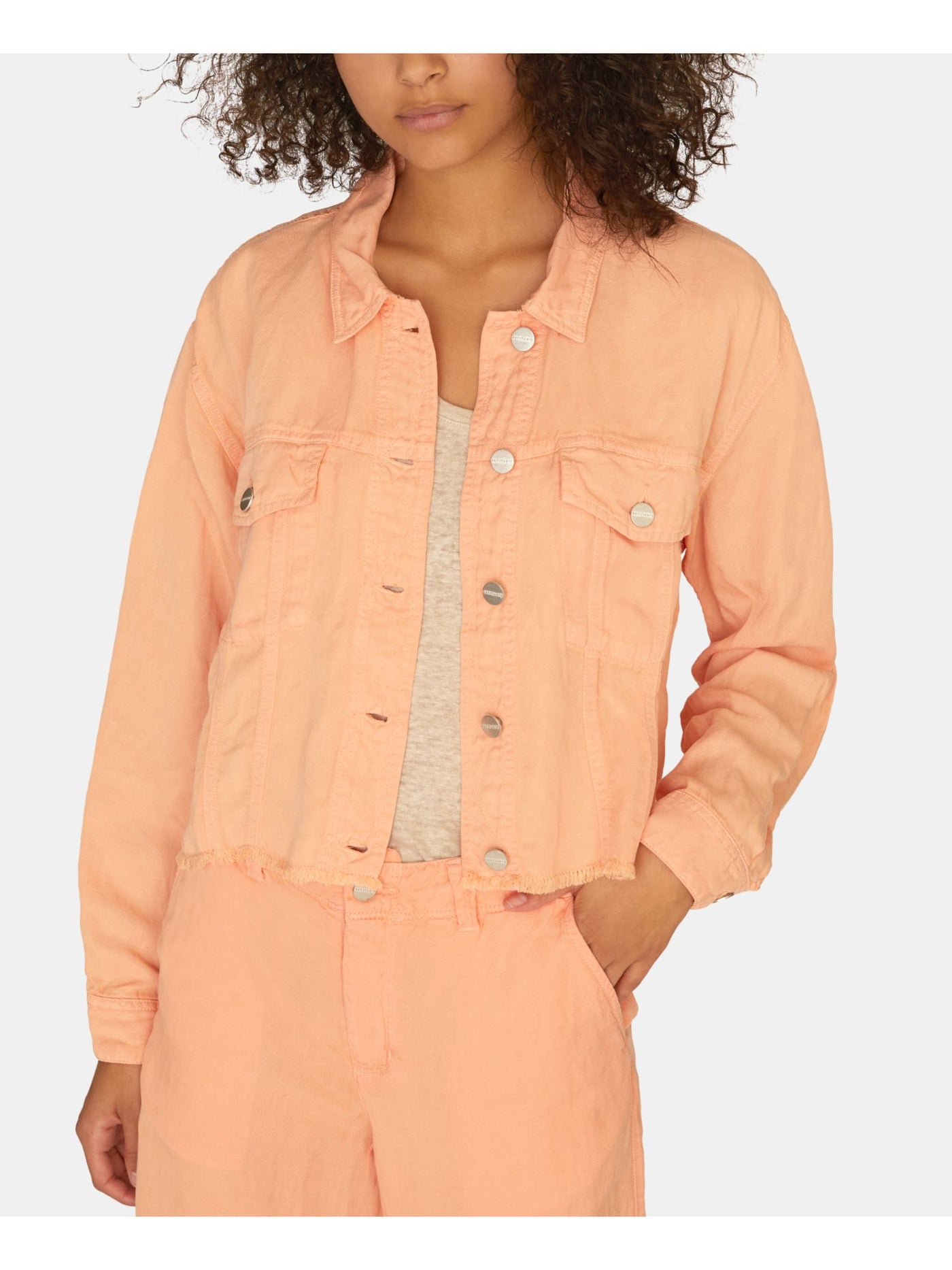 SANCTUARY Womens Orange Stretch Pocketed Frayed Hem Button-down Trucker Denim Jacket XXS