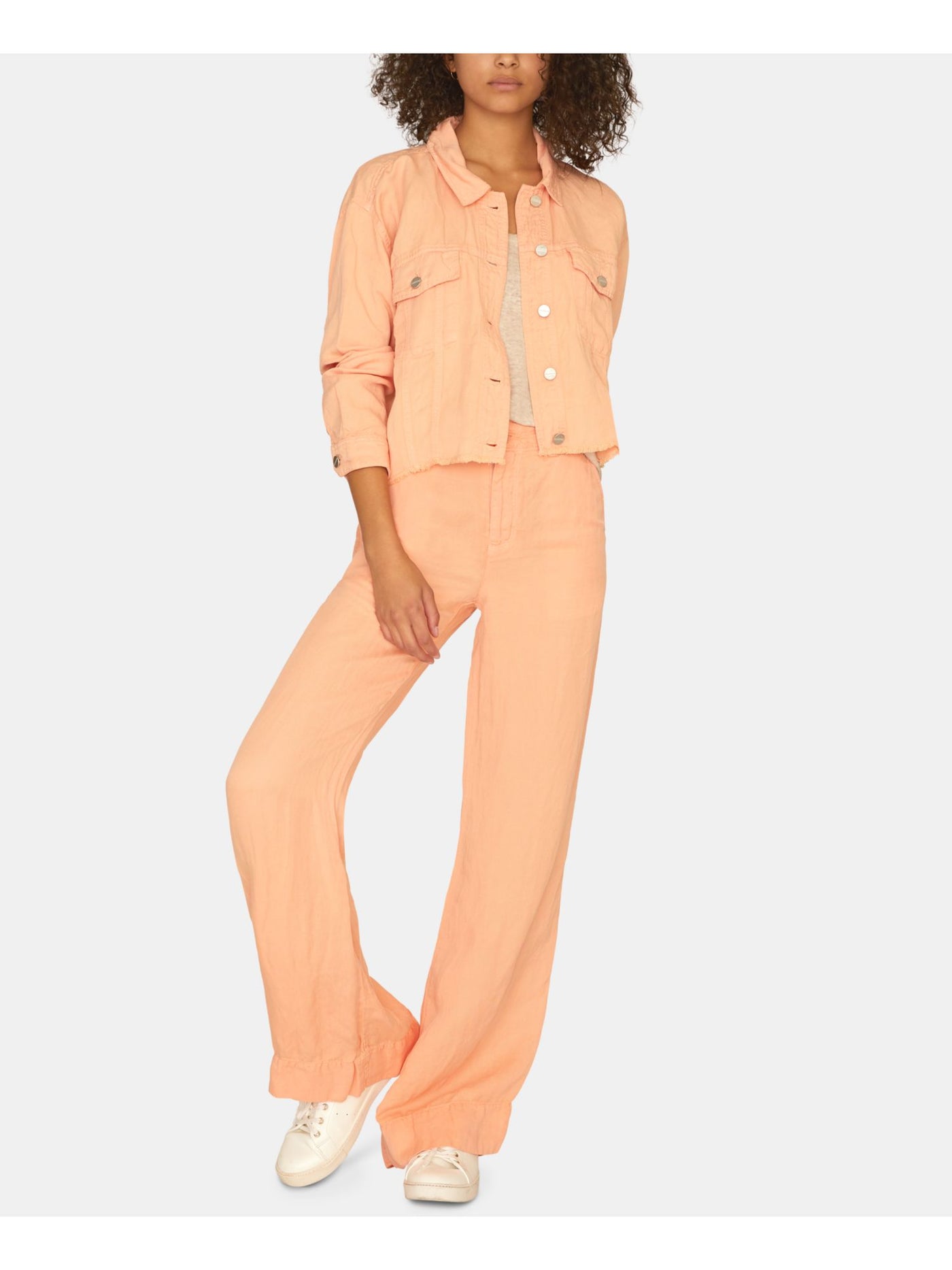 SANCTUARY Womens Orange Stretch Pocketed Frayed Hem Button-down Trucker Denim Jacket XS