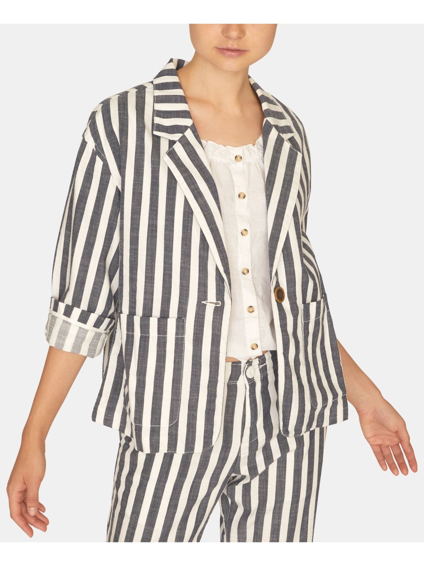 SANCTUARY Womens White Pocketed Notch Collar Striped Blazer Jacket S