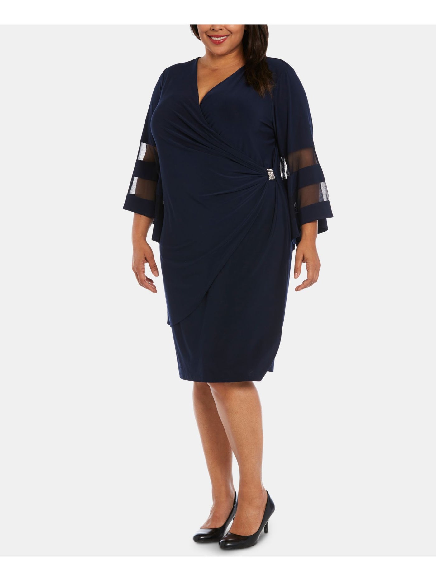 R&M RICHARDS Womens Navy Beaded 3/4 Sleeve V Neck Knee Length Wrap Dress Plus 18W