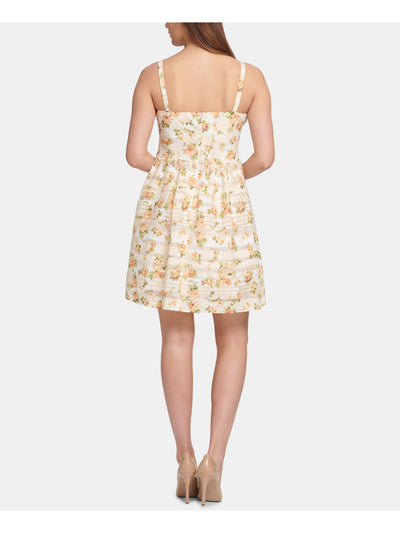 KENSIE Womens Yellow Floral Spaghetti Strap V Neck Mini Fit + Flare Dress 2