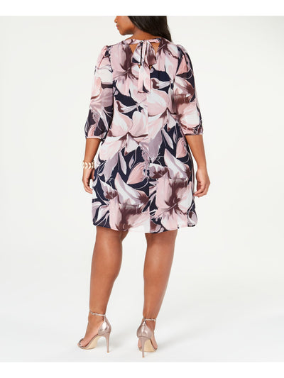 CONNECTED APPAREL Womens Navy Tie Sheer Printed 3/4 Sleeve V Neck Above The Knee Wear To Work Dress Plus 16W