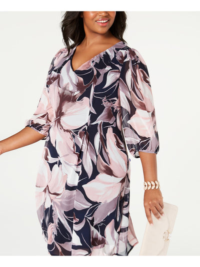 CONNECTED APPAREL Womens Navy Tie Sheer Printed 3/4 Sleeve V Neck Above The Knee Wear To Work Dress Plus 16W