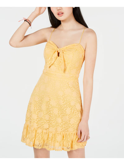 CITY STUDIO Womens Yellow Ruffled Tie Front Spaghetti Strap V Neck Mini Sheath Dress Juniors 7
