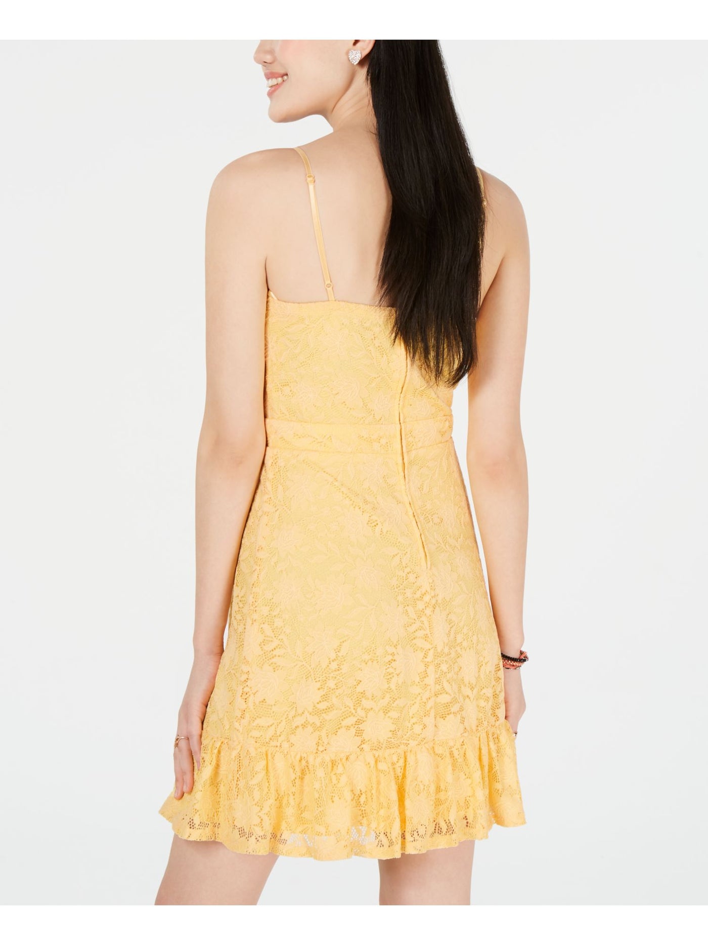 CITY STUDIO Womens Yellow Ruffled Tie Front Spaghetti Strap V Neck Mini Sheath Dress Juniors 5