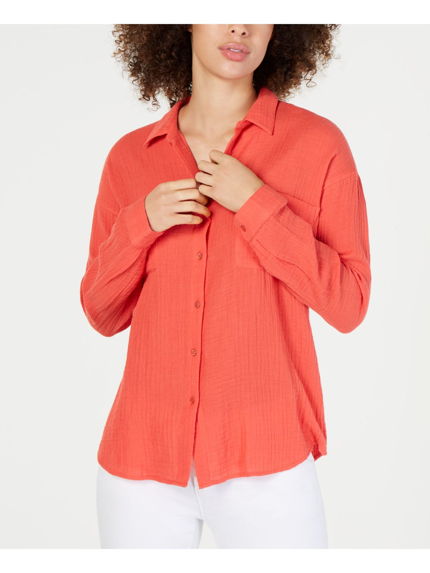 EILEEN FISHER Womens Orange Long Sleeve Collared Button Up Top L