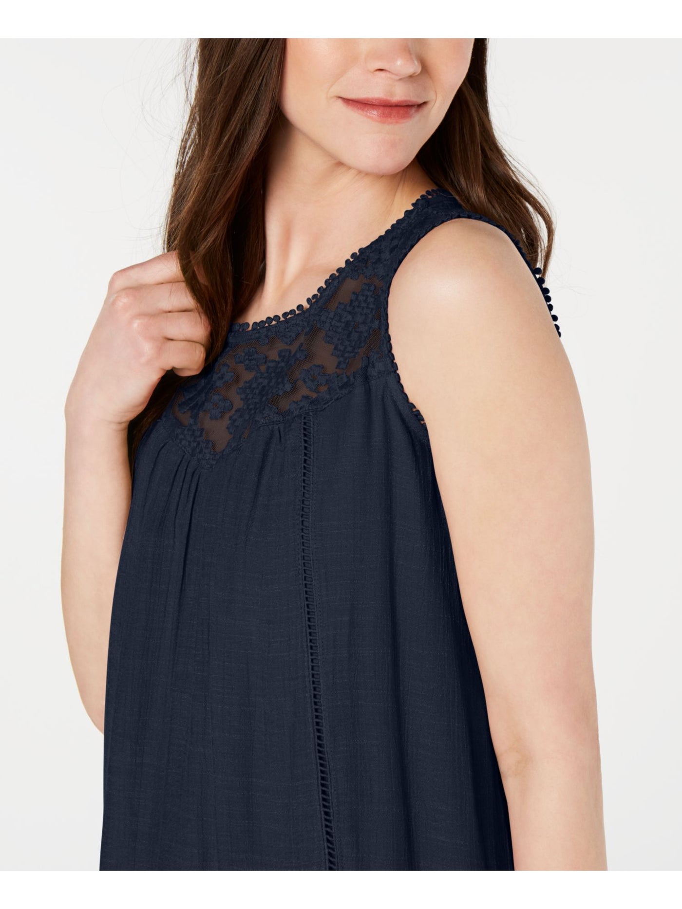 STYLE & COMPANY Womens Navy Lace  Pom Pom Sleeveless Jewel Neck Above The Knee Shift Handkerchief Dress M