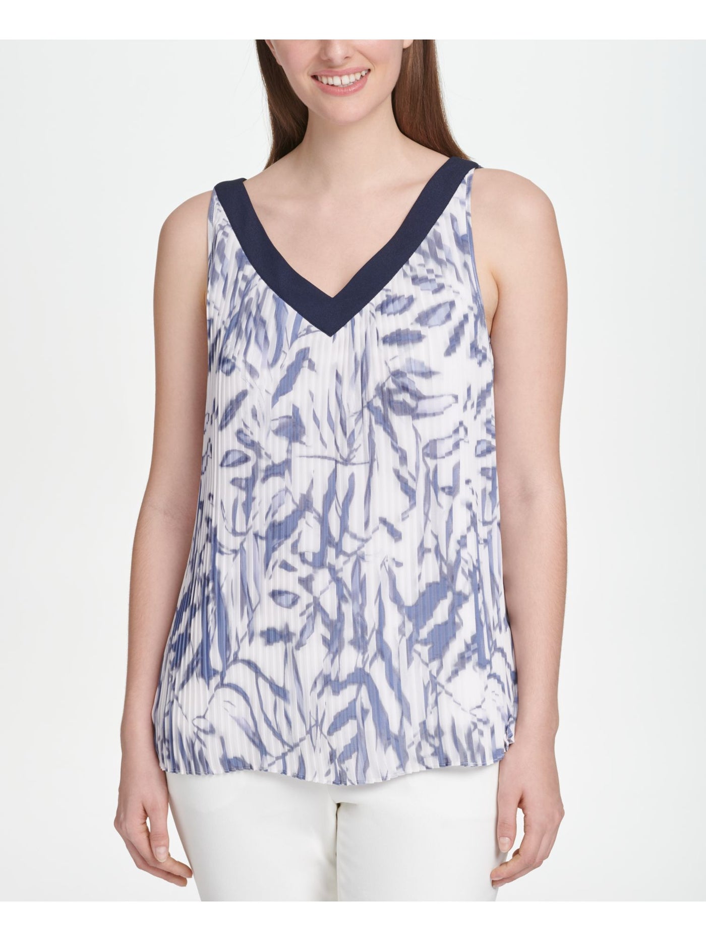 DKNY Womens White Printed V Neck Wear To Work Trapeze Top XS