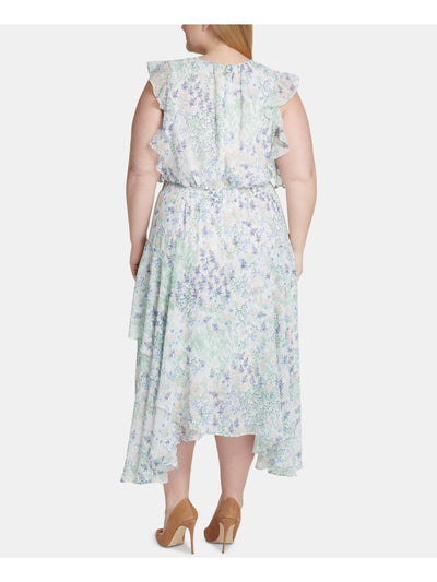 TOMMY HILFIGER Womens Ruched Flutter Sleeve Jewel Neck Tea-Length Sheath Dress