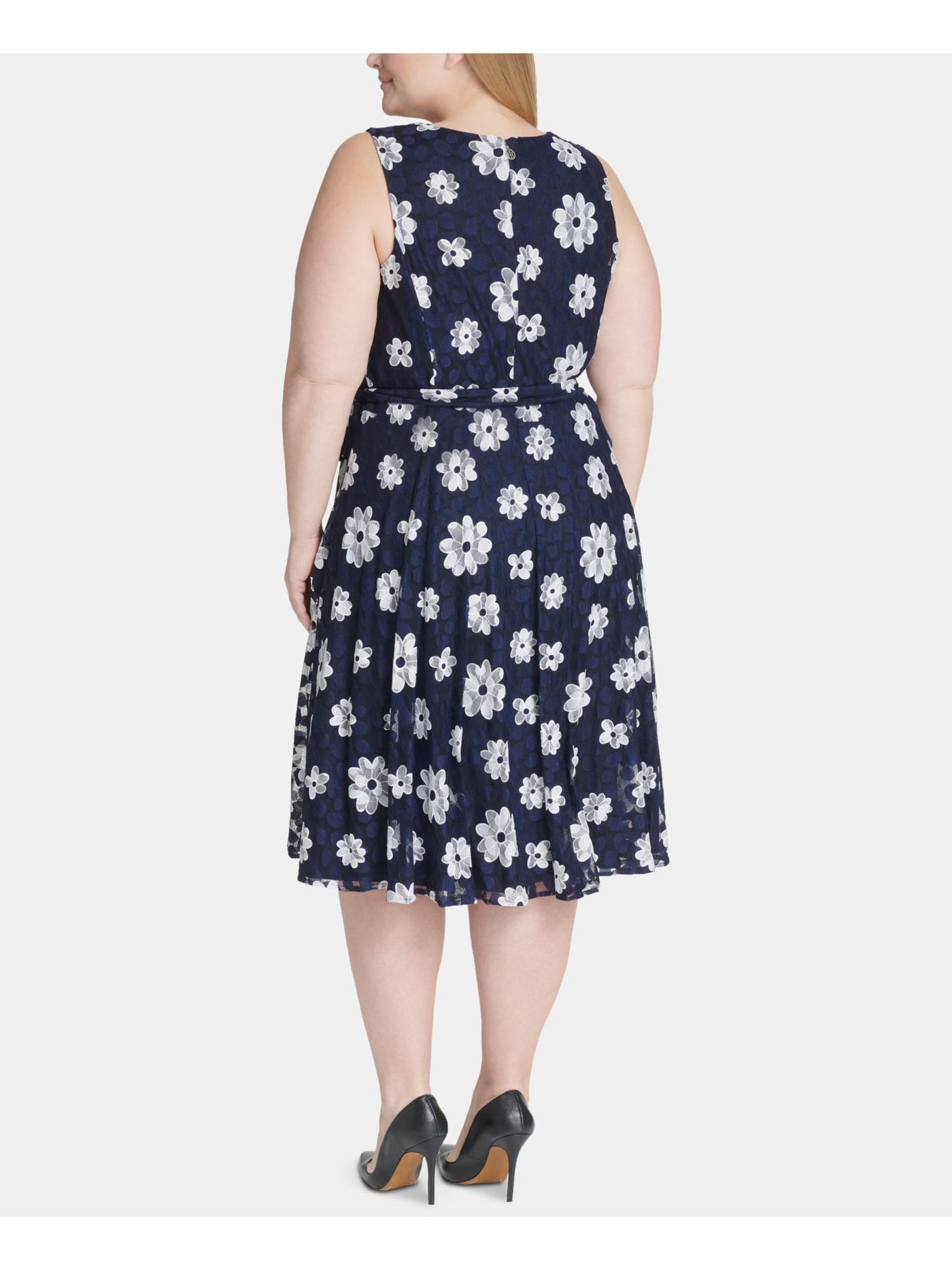 TOMMY HILFIGER Womens Navy Belted Lace Zippered Floral Sleeveless V Neck Midi Evening Fit + Flare Dress Plus 16W